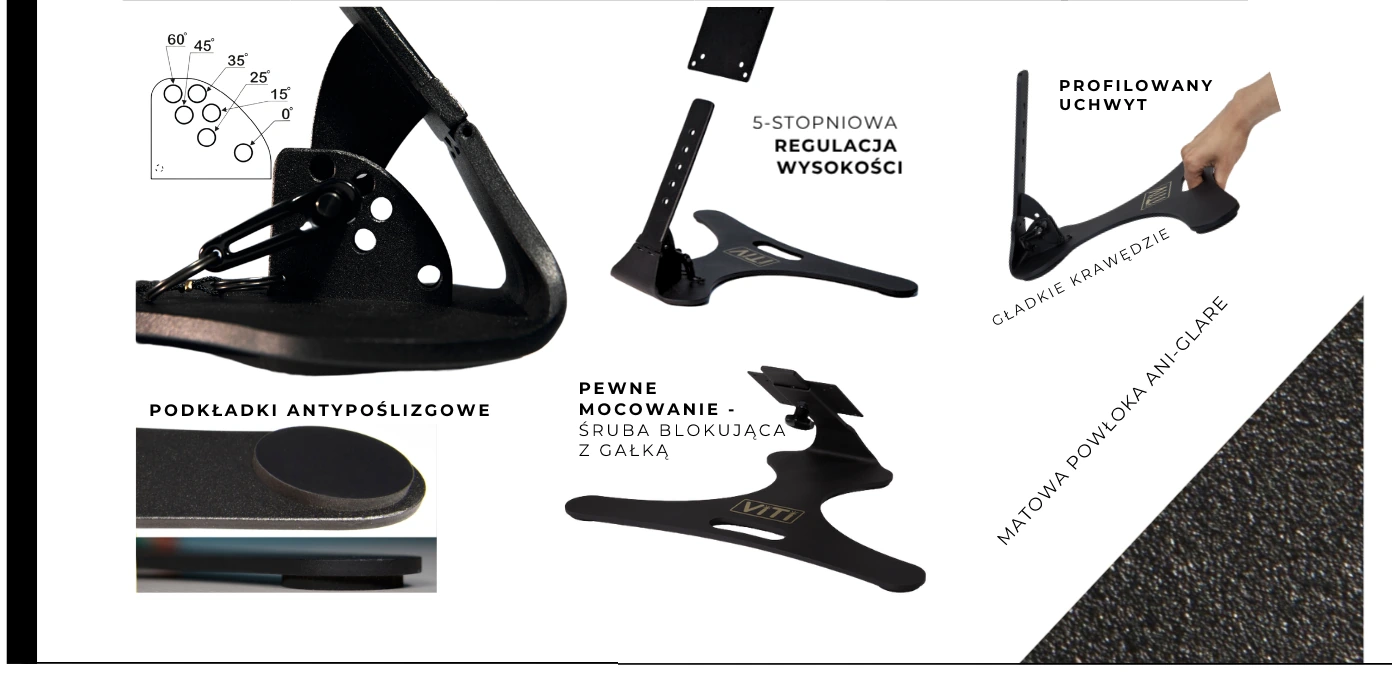 ViTi Stand - 5-step height adjustment, locking system and Anti-Glare details